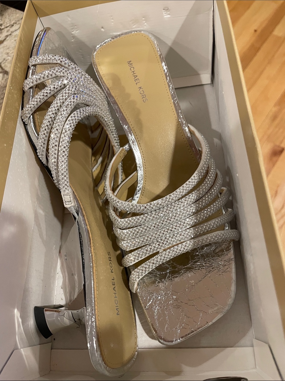 NWT Michael Kors Silver Rhinestone Strappy Kitten Heels - Picture 4 of 10